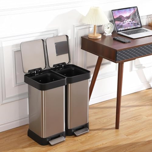 Cachpib MüLleimer 2 FäCher MüLltrennsystem Treteimer Abfalleimer KüChe Treteimer Softclose Aus Edelstahl MüLltrennsystem Recycling Kombiniert Mit Pedale von Cachpib