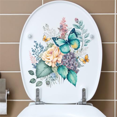 Cachpib WC-Sitz-Aufkleber, Schmetterling, Blumen, WC-Aufkleber, selbstklebend, wasserdicht, Badezimmer-Aufkleber für Toilette, WC-Deckeldekorationen von Cachpib