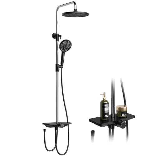 Regendusche Duschset Ohne Armatur Mit Ablage, Edelstahl Duschsystem Mit Duschregal, Verstellbare Duschstange, Rund Kopfbrause 25Cm von Cachpib