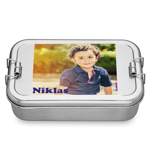 Cadenis Brotbox aus Edelstahl und Fächern personalisiert mit Ihrem Foto und Namen für Kinder - Lunchbox flexibel teilbar rechteckig 17,5 x 9,5 x 4,5 cm von Cadenis