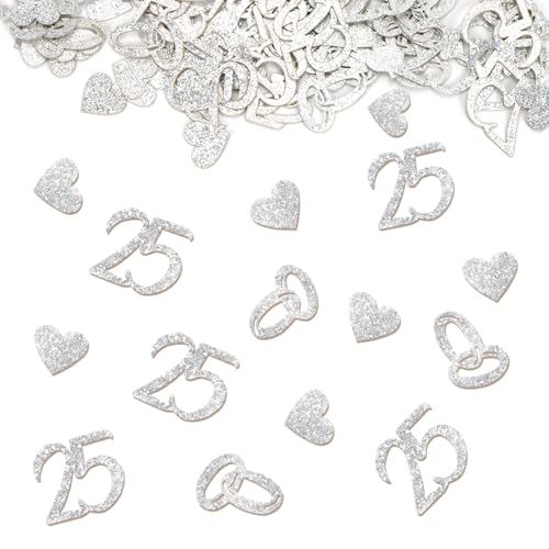 100 Stück Streudeko Silberhochzeit, Glitzer Konfetti 25 und Herz, Tischdeko Silberhochzeit, Konfetti für 25. Jubiläum Deko von Cadimus