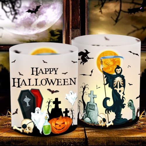 12 Windlicht Tischdeko Halloween, Party Deko Tisch, Halloween Lichthülle mit Geist Kürbis Fledermaus Grabstein, Geeignet für Teelicht oder Kerzen von Cadimus