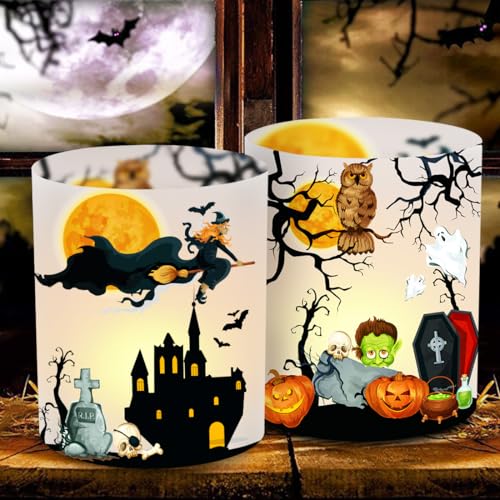 12 Windlicht Tischdeko Halloween, Party Deko Tisch, Halloween Lichthülle mit Hexe Kürbis Fledermaus Grabstein, Geeignet für Teelicht oder Kerzen 12 Windlicht Tischdeko Halloween, Party Deko Tisch, Halloween Lichthülle mit Hexe Kürbis Fledermaus Grabstein, Geeignet für Teelicht oder Kerzen von Cadimus