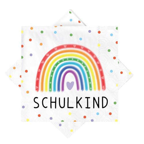 Cadimus 40 Stück Servietten Schulkind Regenbogen, Einschulung Servietten Mädchen Junge 2025, Schulanfang Deko, Einschulung Deko Regenbogen, Schulkind Tischdeko, 33 x 33cm von Cadimus