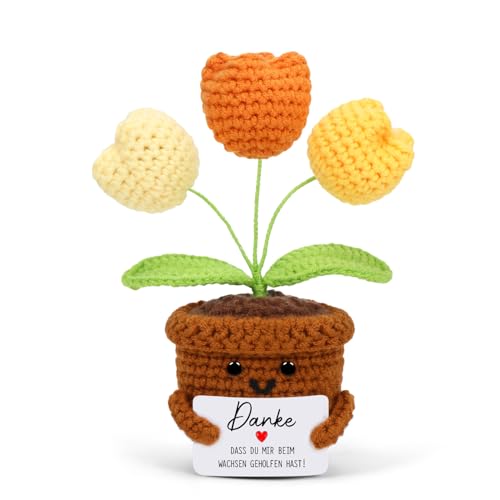 Cadimus Positive Blume,Kleines Dankeschön Geschenk,Gelb Gestrickte Tulpe Blume,Lustige Häkelblumen Pocket Hug,Handgemachte Gehäkelte Blumen,Danke Geschenk für Freunde Kollegen Familie Freundin von Cadimus