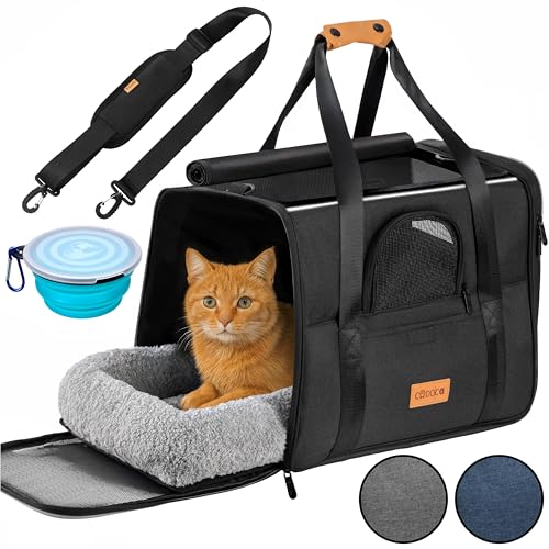 CADOCA® Transportbox Katzen bis 20kg faltbar Sonnen- und Regendach Schultergurt mit Napf Atmungsaktiv Komfortabel Wendekissen Haustier Katzenbox Tragetasche Hunde Auto Anthrazit von Cadoca