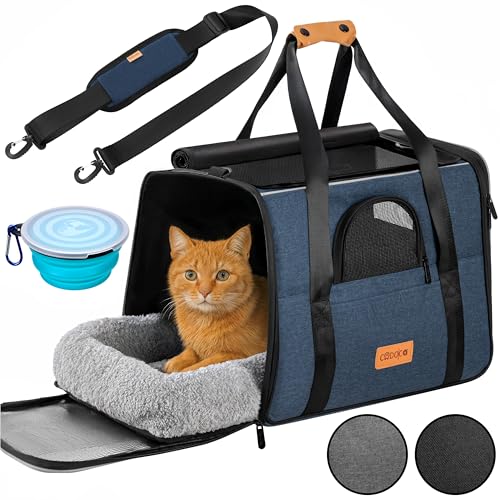 CADOCA® Transportbox Katzen bis 20kg faltbar Sonnen- und Regendach Schultergurt mit Napf Atmungsaktiv Komfortabel Wendekissen Haustier Katzenbox Tragetasche Hunde Auto Blau von Cadoca