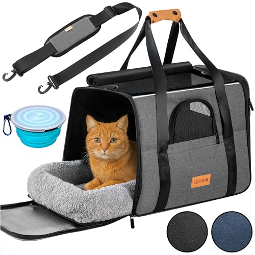CADOCA® Transportbox Katzen bis 20kg faltbar Sonnen- und Regendach Schultergurt mit Napf Atmungsaktiv Komfortabel Wendekissen Haustier Katzenbox Tragetasche Hunde Auto Grau von Cadoca