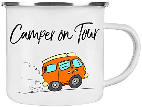 Cadouri Camping Emaille Tasse » Camper on Tour « Kaffeetasse Campingbecher Outdoortasse - 300 ml von Cadouri