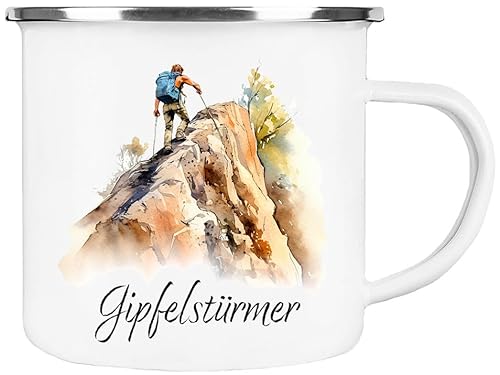 Cadouri Emaille Tasse GIPFELSTÜRMER - Watercolor Motiv 1, Outdoorbecher, Geschenk für Bergfreunde, Kletterer von Cadouri