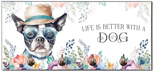 Cadouri Design-Hundegarderobe mit Boston Terrier - Leinenhalterung für Halsband, Leine & Geschirr - originelles Geschenk für Hundebesitzer - handgefertigt von Cadouri