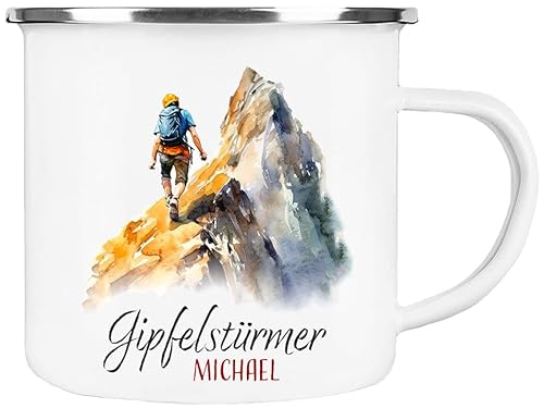 Cadouri Emaille Tasse GIPFELSTÜRMER - Watercolor Motiv 2 - personalisiert mit Name - Outdoorbecher, Geschenk für Bergfreunde, Kletterer von Cadouri