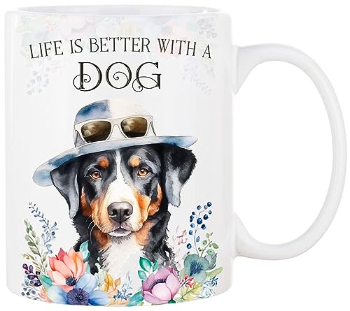 Cadouri Keramik Hunde Tasse mit Spruch „Life is better with a Dog“ und Appenzeller Sennenhund - Kaffeetasse mit Hunderasse für Hundebesitzer - originelles Geschenk - handgefertigt | 330 ml von Cadouri