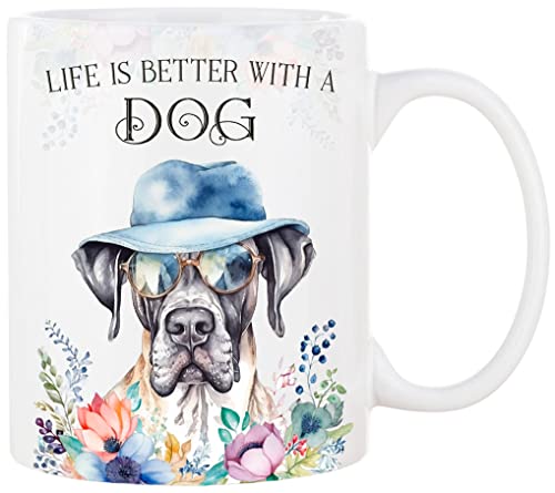 Cadouri Keramik Hunde Tasse mit Spruch „Life is better with a Dog“ und Deutscher Dogge - Kaffeetasse mit Hunderasse für Hundebesitzer - originelles Geschenk - handgefertigt | 330 ml Cadouri Keramik Hunde Tasse mit Spruch „Life is better with a Dog“ und Deutscher Dogge - Kaffeetasse mit Hunderasse für Hundebesitzer - originelles Geschenk - handgefertigt | 330 ml von Cadouri
