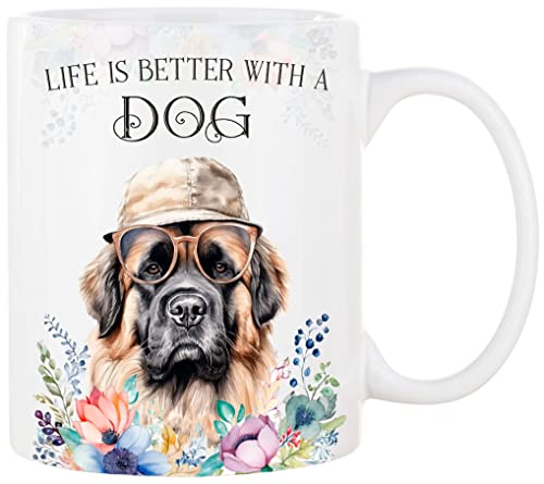 Cadouri Keramik Hunde Tasse mit Spruch „Life is better with a Dog“ und Leonberger - Kaffeetasse mit Hunderasse für Hundebesitzer - originelles Geschenk - handgefertigt | 330 ml von Cadouri
