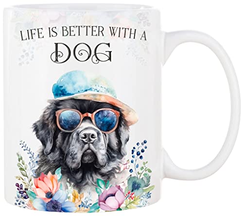 Cadouri Keramik Hunde Tasse mit Spruch „Life is better with a Dog“ und Neufundländer - Kaffeetasse mit Hunderasse für Hundebesitzer - originelles Geschenk - handgefertigt | 330 ml von Cadouri