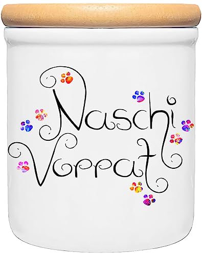 Cadouri Keramik Leckerli-Dose » Naschi Vorrat «┊Snackdose Keksdose Aufbewahrungsdose┊mit Holzdeckel von Cadouri