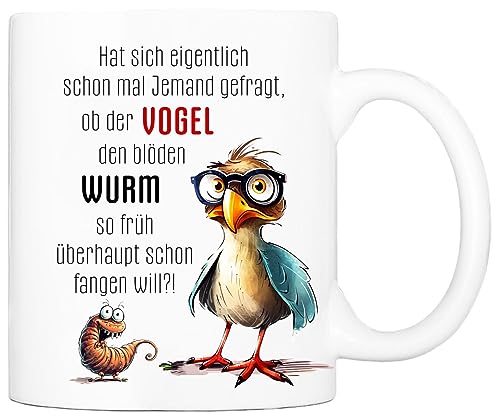 Cadouri Keramik Tasse mit Spruch „Wurm & Vogel“ - Kaffeetasse, Bürotasse - originelles Geschenk für Freunde, Familie, Bekannte - spülmaschinenfest – handgefertigt | 330 ml von Cadouri