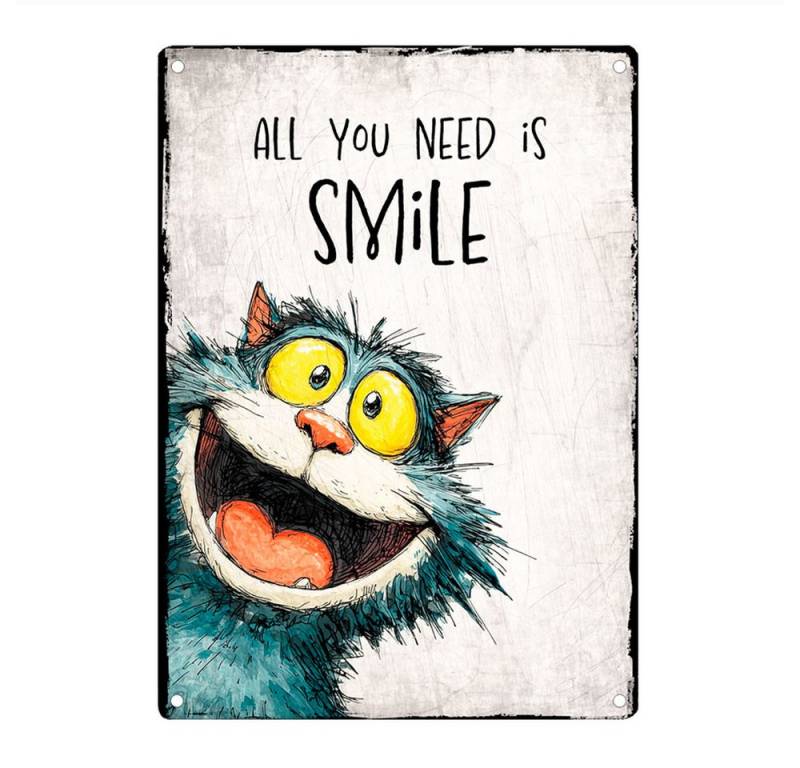 Cadouri Metallschild ALL YOU NEED IS SMILE - Dekoschild mit Spruch, Blechschild, (1 St., Wandschild mit vier vorgebohrten Löchern), UV-beständig, 28,5 x 20 cm, abgerundete Ecken, humorvolle Geschenkidee von Cadouri