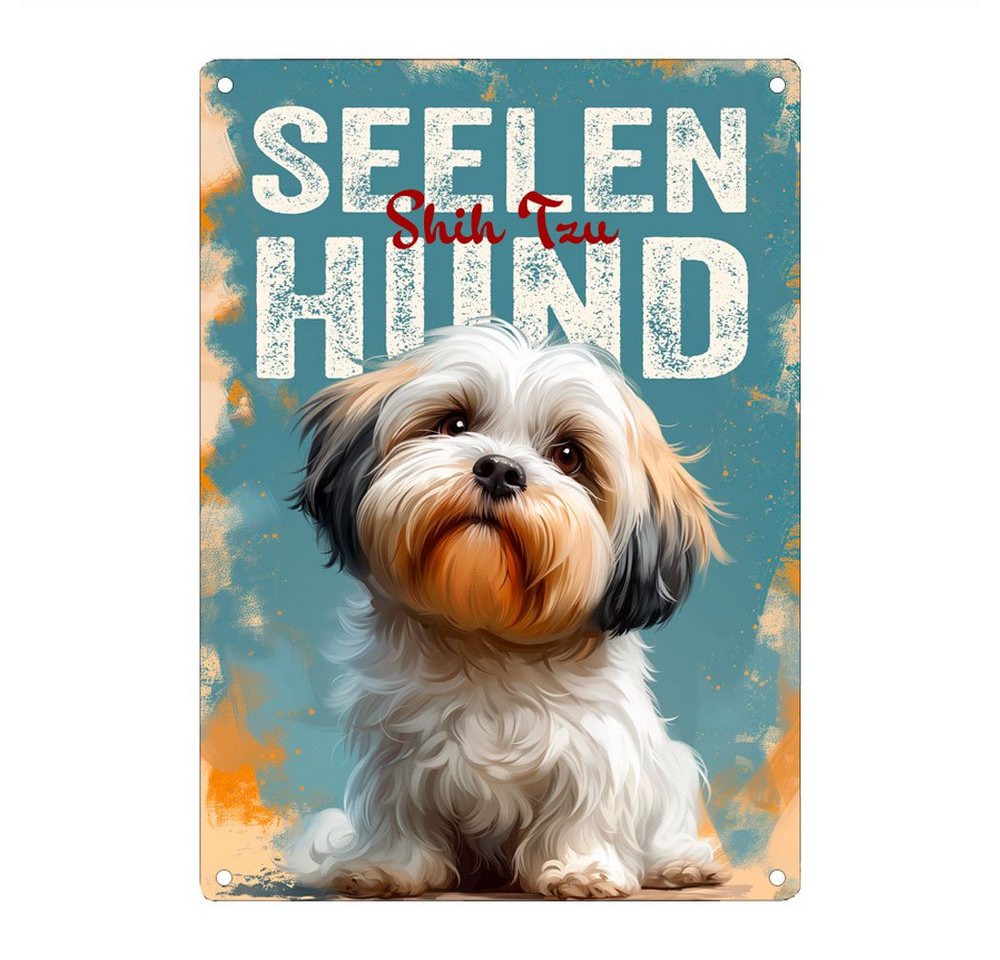 Cadouri Metallschild Hundeschild SEELENHUND SHIH TZU - Dekoschild mit Hundemotiv, (1 St., Wandschild mit vier vorgebohrten Löchern & abgerundeten Ecken), UV-beständig, 28,5 x 20 cm, Geschenk für Hundebesitzer von Cadouri