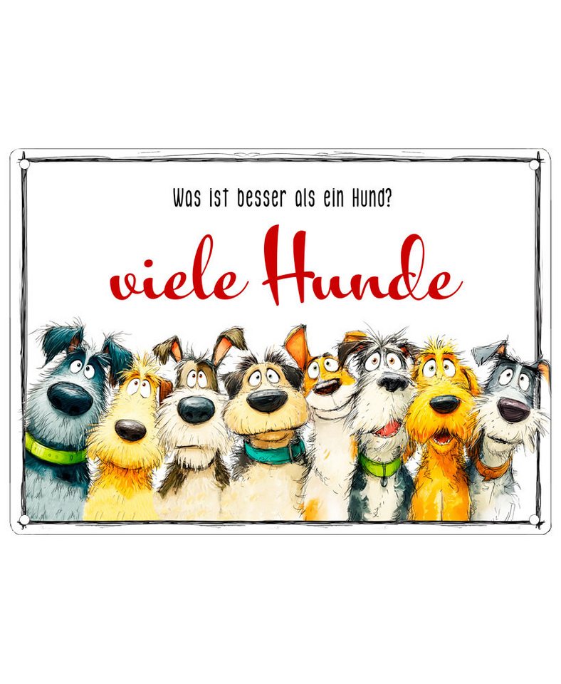 Cadouri Metallschild Hundeschild VIELE HUNDE - Dekoschild mit Hundemotiv, (Wandschild mit vier vorgebohrten Löchern & abgerundeten Ecken), UV-beständig, 28,5 x 20 cm, Geschenk für Hundebesitzer von Cadouri