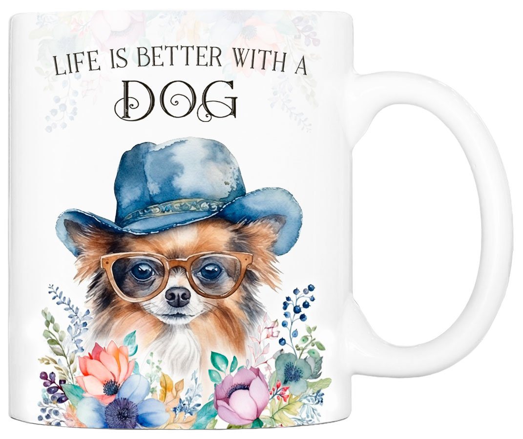 Cadouri Tasse CHIHUAHUA (Langhaar) - Kaffeetasse für Hundefreunde, Keramik, mit Hunderasse, beidseitig bedruckt, handgefertigt, Geschenk, 330 ml von Cadouri