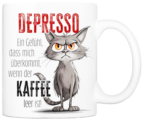 Cadouri Tasse mit Spruch Depresso Kaffeetasse Büro Arbeit, Geschenk, Keramik, Kaffeebecher, Geschenkidee Arbeitskollege, lustig, Humor, 330 ml von Cadouri