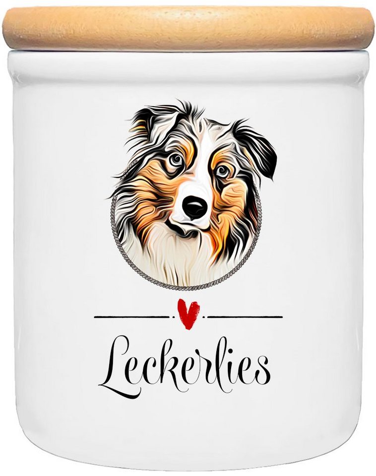 Cadouri Vorratsdose AUSTRALIAN SHEPHERD - Leckerlidose Hund - für Hundekekse, Keramik, (Leckerlidose mit Hunderasse, 2-tlg., 1x Keramikdose mit Holzdeckel), Hundekeksdose, handgefertigt in Deutschland, für Hundebesitzer, 400 ml von Cadouri