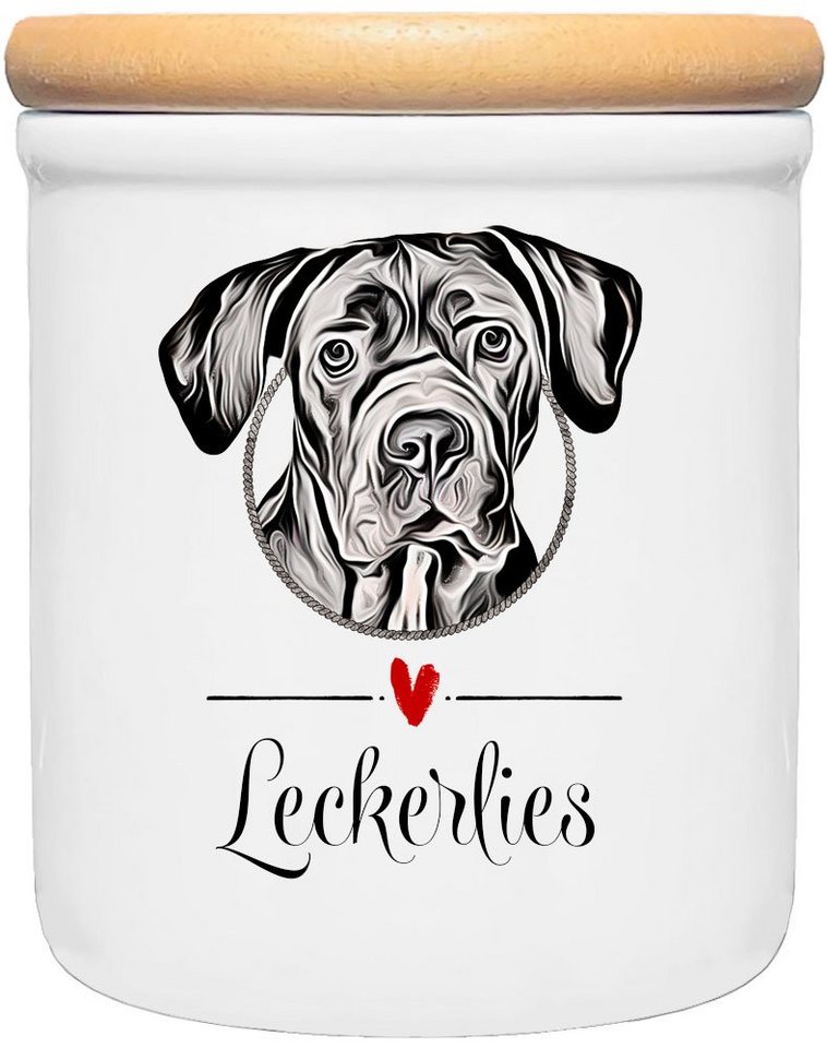 Cadouri Vorratsdose CANE CORSO - Leckerlidose Hund - für Hundekekse, Keramik, (Leckerlidose mit Hunderasse, 2-tlg., 1x Keramikdose mit Holzdeckel), Hundekeksdose, handgefertigt in Deutschland, für Hundebesitzer, 400 ml von Cadouri