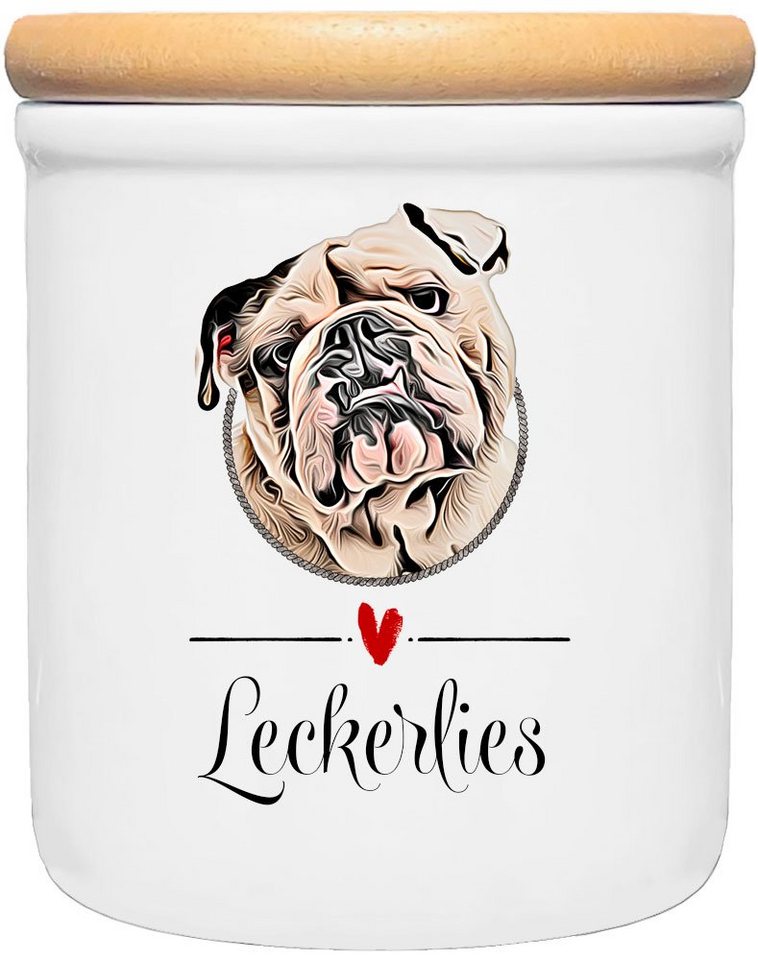 Cadouri Vorratsdose ENGLISCHE BULLDOGGE - Leckerlidose Hund - für Hundekekse, Keramik, (Leckerlidose mit Hunderasse, 2-tlg., 1x Keramikdose mit Holzdeckel), Hundekeksdose, handgefertigt in Deutschland, für Hundebesitzer, 400 ml von Cadouri