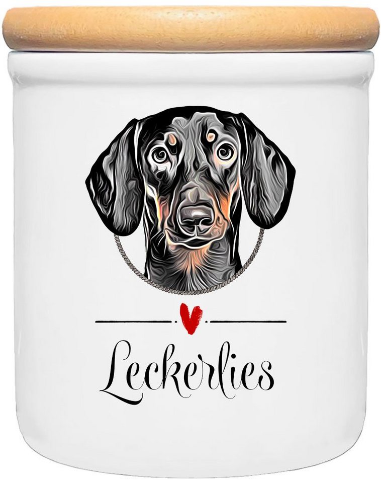 Cadouri Vorratsdose KURZHAARDACKEL - Leckerlidose Hund - für Hundekekse, Keramik, (Leckerlidose mit Hunderasse, 2-tlg., 1x Keramikdose mit Holzdeckel), Hundekeksdose, handgefertigt in Deutschland, für Hundebesitzer, 400 ml von Cadouri