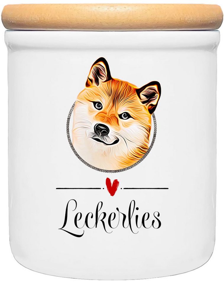 Cadouri Vorratsdose SHIBA INU - Leckerlidose Hund - für Hundekekse, Keramik, (Leckerlidose mit Hunderasse, 2-tlg., 1x Keramikdose mit Holzdeckel), Hundekeksdose, handgefertigt in Deutschland, für Hundebesitzer, 400 ml von Cadouri