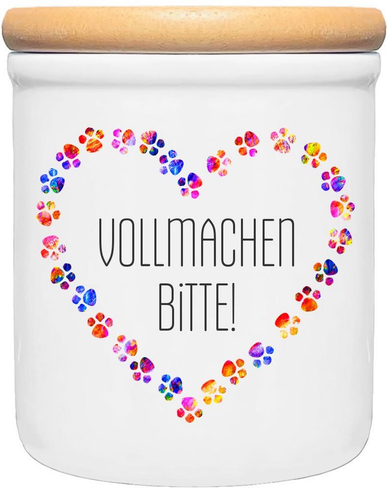 Cadouri Vorratsdose VOLLMACHEN BITTE! - Leckerlidose Hund - für Hundekekse, Keramik, (2-tlg., 1x Keramikdose mit Holzdeckel), Hundekeksdose, handgefertigt in Deutschland, für Hundebesitzer, 400 ml von Cadouri