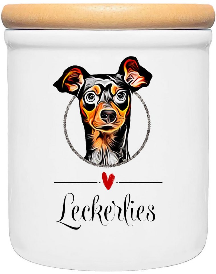 Cadouri Vorratsdose ZWERGPINSCHER - Leckerlidose Hund - für Hundekekse, Keramik, (Leckerlidose mit Hunderasse, 2-tlg., 1x Keramikdose mit Holzdeckel), Hundekeksdose, handgefertigt in Deutschland, für Hundebesitzer, 400 ml von Cadouri