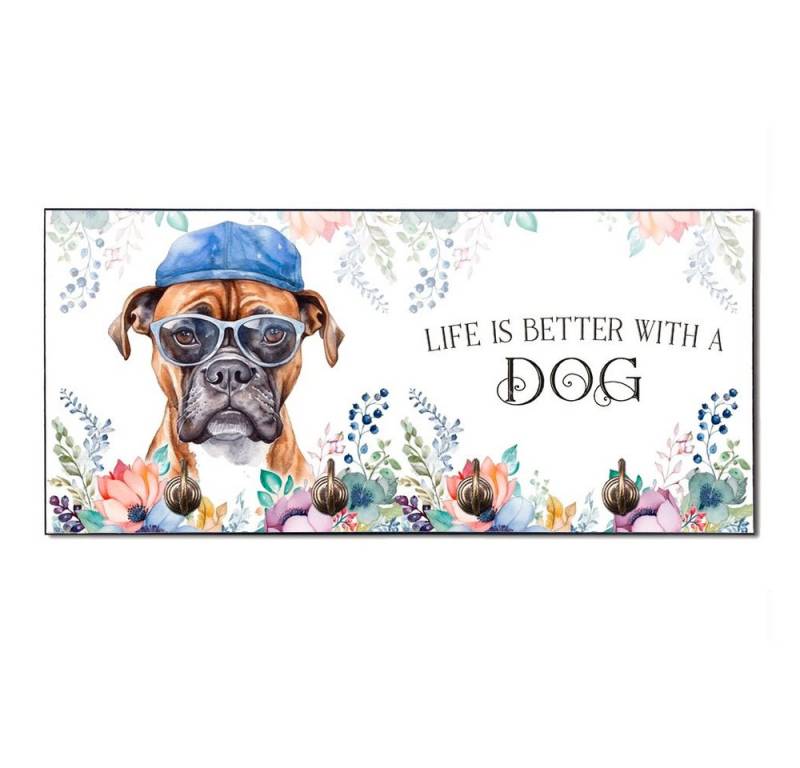 Cadouri Wandgarderobe BOXER Design-Hundegarderobe für Hundezubehör (Garderobe mit 4 Haken), MDF, mit abgeschrägten Ecken, handgefertigt, für Hundebesitzer von Cadouri