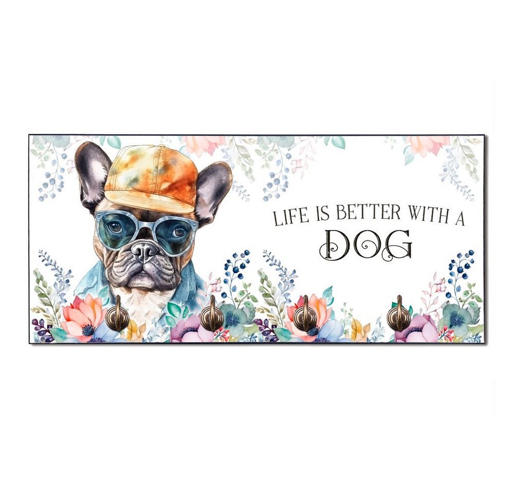 Cadouri Wandgarderobe FRANZÖSISCHE BULLDOGGE Design-Hundegarderobe für Hundezubehör (Garderobe mit 4 Haken), MDF, mit abgeschrägten Ecken, handgefertigt, für Hundebesitzer von Cadouri