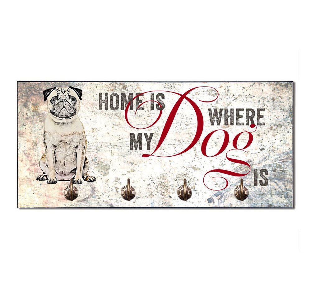 Cadouri Wandgarderobe MOPS Design-Hundegarderobe für Hundezubehör (Garderobe mit 4 Haken), MDF, mit abgeschrägten Ecken, handgefertigt, für Hundebesitzer von Cadouri