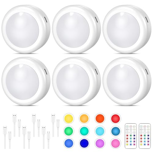 Cadrim 13 Farben RGB Schrankleuchten，6pcs LED RGB Spots Batteriebetrieben mit Fernbedienung, Kabellos Schrankleuchten mit Akku, vitrinenbeleuchtung led Touch Lampe für Schränke, Kleiderschrank (6) von Cadrim