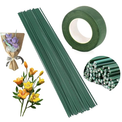 Caelura 30 Stücke Blumendraht Grün mit 1 Floristenband (30m/Rolle), Floristendraht zum Basteln, 30cm Kunstoff Blumenstamm Steckdraht 2mm Blumenstieldraht für DIY Herstellung von Blumenarrangements von Caelura