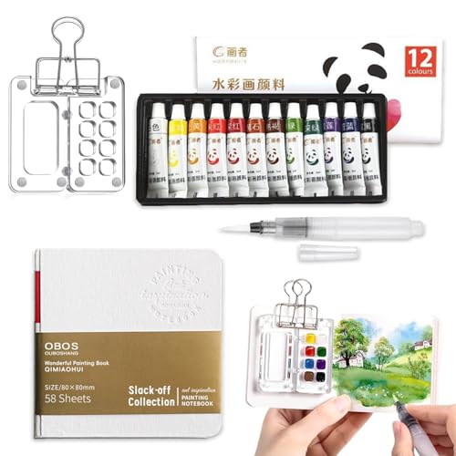 Caelura 12 Farben Mini Aquarell Set, Pocket Aquarell Set inklusive Zeichenbuch & Stift & Farbe & Clips&Tragbares Acryl Malpalette von Caelura