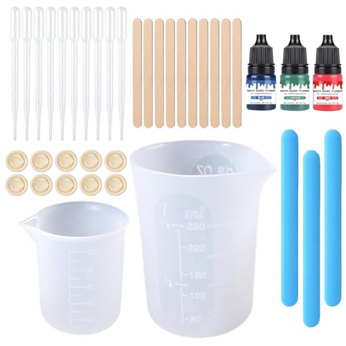 Caelura 2 Stück Silikon Messbecher für Raysin, Gips Gießen Zubehör, Silikonbecher zum Gießen, mit Mischstab, Tropfer, Fingerbetten, Gips Farbe für DIY Basteln Gießformen(100ML/250ML) von Caelura
