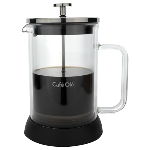 Café Olé Doppio Kaffeebereiter aus doppelwandigem Glas, französische Presse, rutschfester Silikonboden, 6 Espressotassen/800 ml, Schwarz von Café Olé