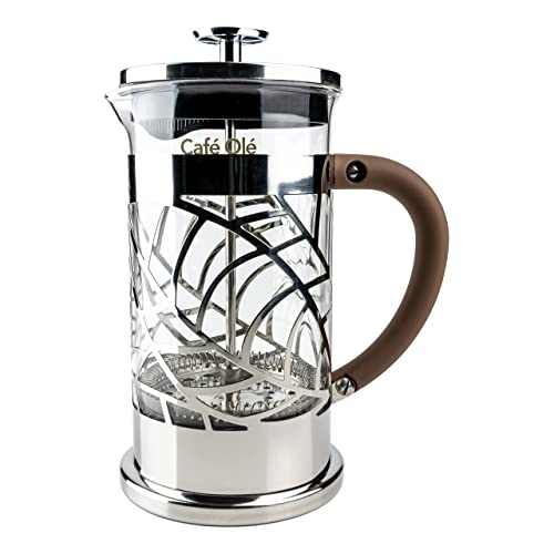 Café Olé Floral Durchsichtiger Kaffeebereiter Kaffeepresse aus Edelstahl 18/10 und Glas 1000 ml 8 Mokkatassen, Silber, 1L von Café Olé