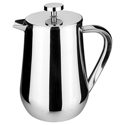 Café Olé UFD-10M UFD Serie Doppelwandiger Kaffeebereiter mit Tamper aus Edelstahl – 8 Mokkatassen, 1L, Hochglanzpolitur, tropffreies Gieβen, Kaffeepresse, Kaffeedrücker, 1 Liter, Silber von Café Olé