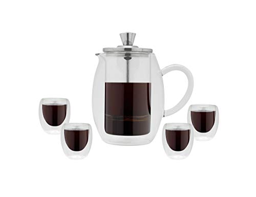 Café Stål GCM-03/5 5-Stück Kaffeekocher & 4 Mokktassen Set im Geschenkbox – Doppelwandig, Edelstahl & Glas, für 3 Mokkatassen (350ML) geeignet, Glass, Silber/Schwarz, 300ml von Grunwerg