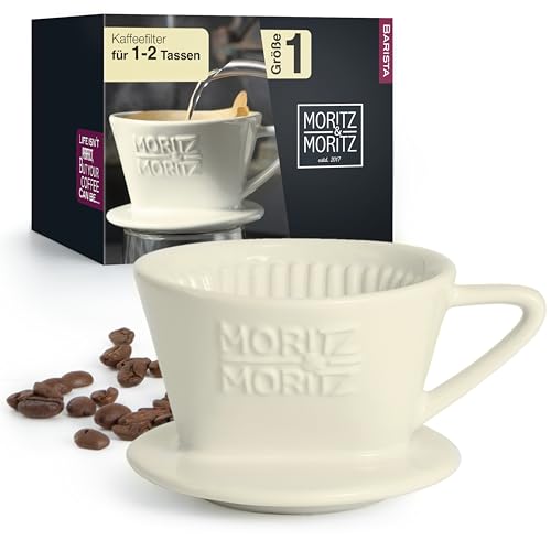 Moritz & Moritz Permanent Kaffeefilter Porzellan Größe 1 – Kaffeefilter Wiederverwendbar – kompatibel mit Melitta Filtertüten 100 – Kaffee Filteraufsatz für 1-2 Tassen - inklusive 10x Papierfilter von Moritz & Moritz