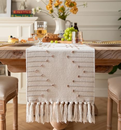 Caflife Boho-Tischläufer, für Moderne Bauernhaus-Couchtischdekoration, rustikaler gewebter Läufer mit handgefertigten Quasten, für den Esstisch, 33 x 228 cm lang, Taupe von Caflife