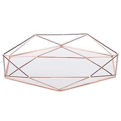 Cafopgrill Gold Spiegel Tablett, Schmuckablage Bad Sexangle Spiegel Metall Gold Kosmetik Schmuckablage Organizer Tablett Box Platte (Rose Gold) von Cafopgrill