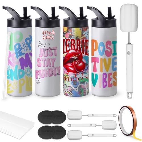Cafultgo 4 Sublimationsbecher Blanko-Set, 590 ml, Sublimationsbecher für Tassen-Heißpressmaschine, doppelwandige Isolierung, mit Deckel und Strohhalm, Schrumpffolie, hitzebeständiges Klebeband, 4 von Cafultgo