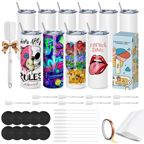 Cafultgo Set von 10 Sublimation Blanks Skinny Tumbler 20 OZ White Straight Bulk Edelstahl Tumbler, mit Deckel und Stroh, Schrumpffolie, einzeln verpackt, hitzebeständiges Band, Blank White(10PCS) von Cafultgo
